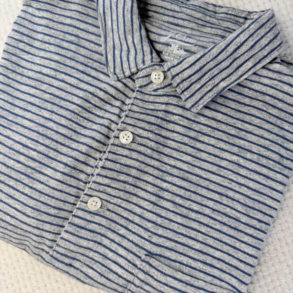 J.Crew Mens Small Slub Cotton Striped Polo Shirt Grey Navy Blue Short Sleeve